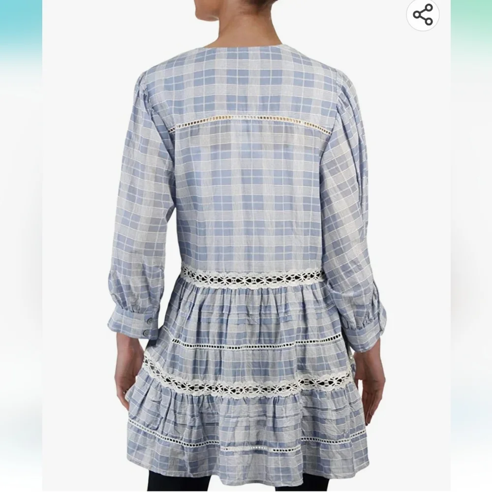 Free People Women's Blue Chambray Time Out Eyelet‎ 3/4 Sleeves Tunic Size XS